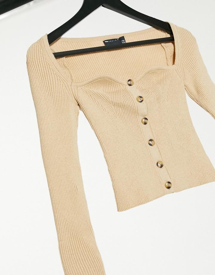 Asos Design Sweetheart Neck Cardigan In Camel-neutral