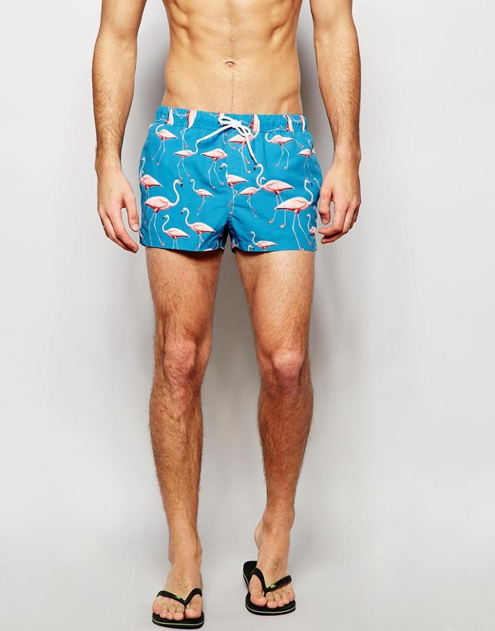 Asos Short Length Swim Shorts With Flamingo Print - Blue