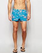 Asos Short Length Swim Shorts With Flamingo Print - Blue