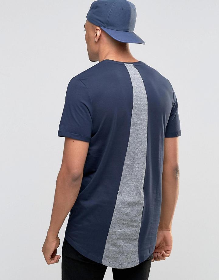 Jack & Jones Longline Curved Hem T-shirt With Back Panel Inlay - Navy
