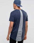 Jack & Jones Longline Curved Hem T-shirt With Back Panel Inlay - Navy