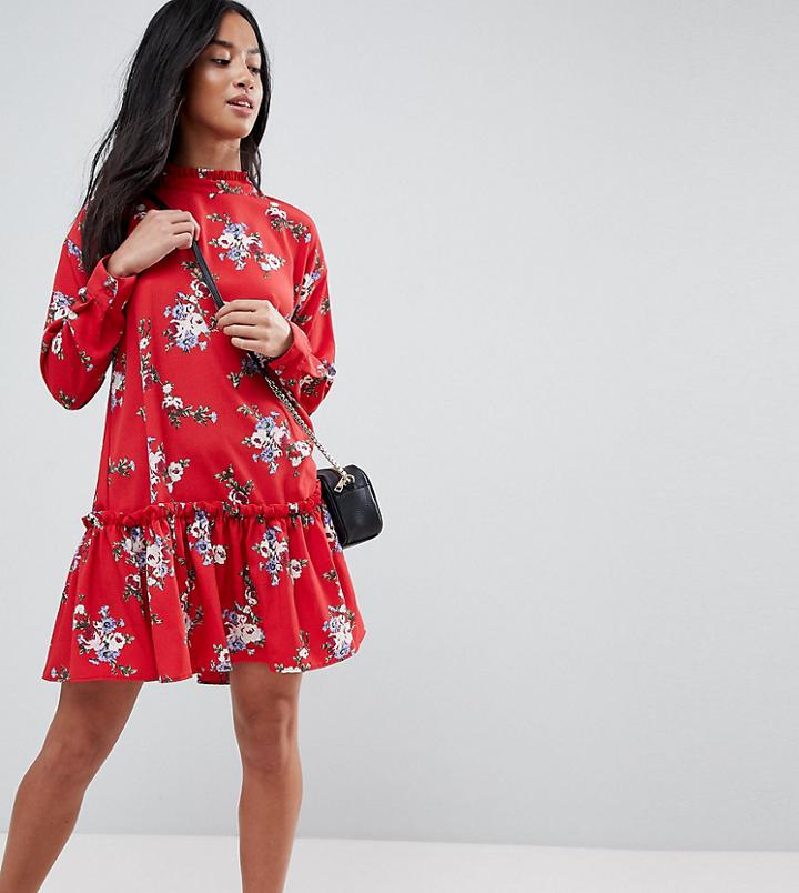 Asos Design Petite Smock Mini Dress With Pep Hem In Red Floral - Multi