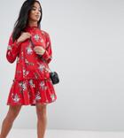 Asos Design Petite Smock Mini Dress With Pep Hem In Red Floral - Multi