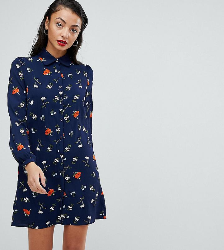 Fashion Union Tall Shirt Dress In Floral Folk Print - Navy
