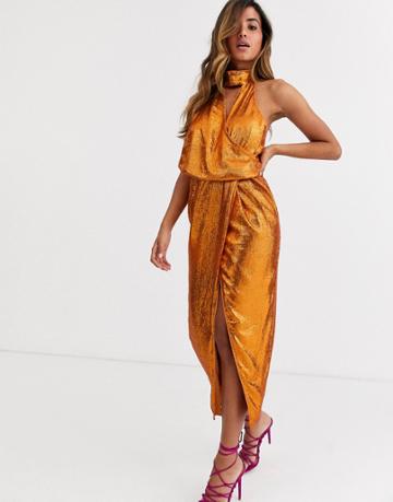 Asos Design Scarf Neck Drape Midi Dress On All Over Sequin-brown