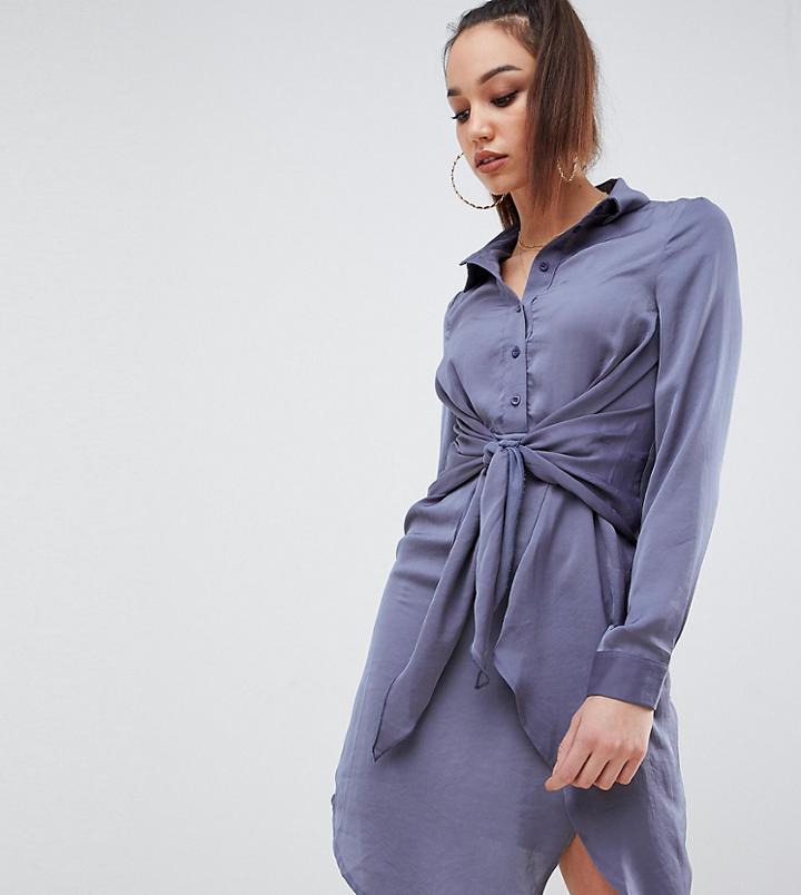 Missguided Tall Tie Waist Mini Shirt Dress In Blue - Blue