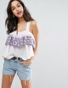 Asos Double Layer Sun Top With Floral Embroidery - White