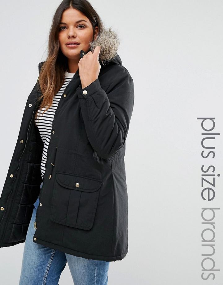 Brave Soul Plus Parka With Faux Fur Trim - Black