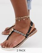 Asos Design Curve Pack Of 2 Anklets With Feather Pendants In Gold Tone - Gold