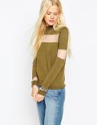 Asos High Neck Sweater With Sheer Inserts - Khaki