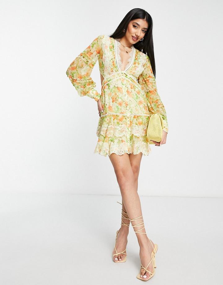 Asos Design Chiffon Tiered Mini Dress With Lace Applique In Meadow Ditsy Floral-multi