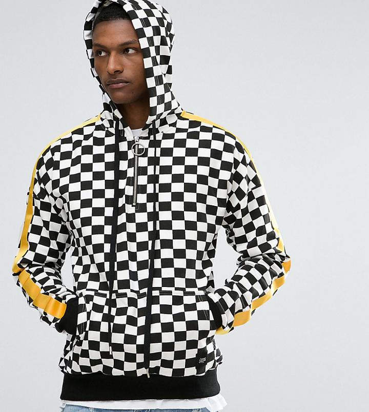 Sixth June Tall Hoodie In Checkerboard With Yellow Stripe - White