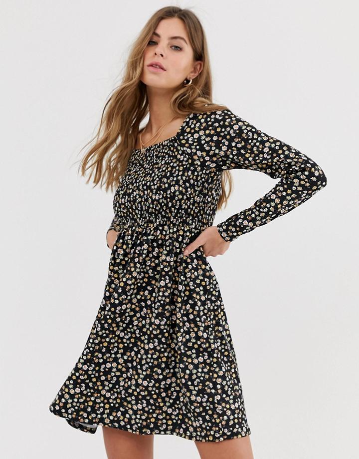 New Look Long Sleeve Ditsy Dress In Dark Florals-multi