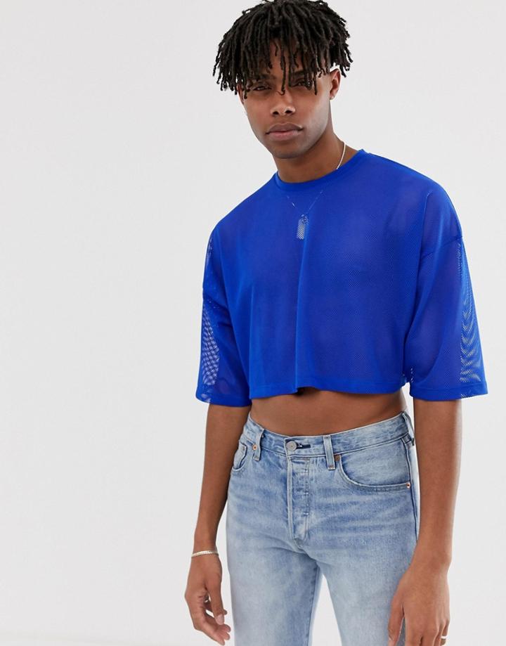 Asos Design Oversized Cropped T-shirt In Blue Mesh - Blue