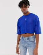 Asos Design Oversized Cropped T-shirt In Blue Mesh - Blue