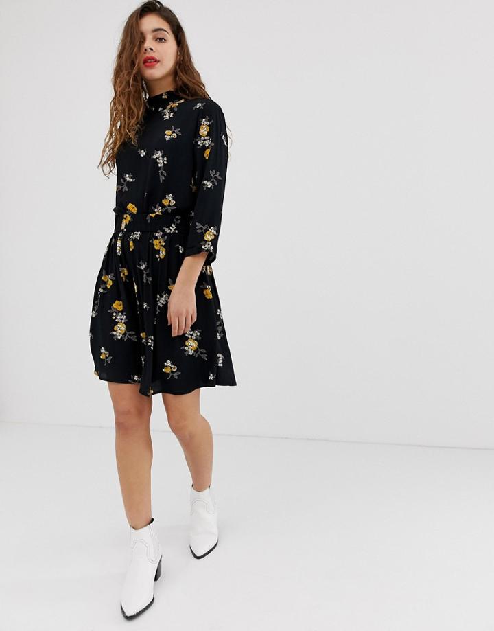 Pieces Belle Floral Print Skater Skirt - Black