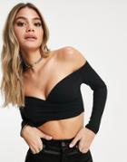 Love & Other Things Ribbed Crossover Crop Top In Black