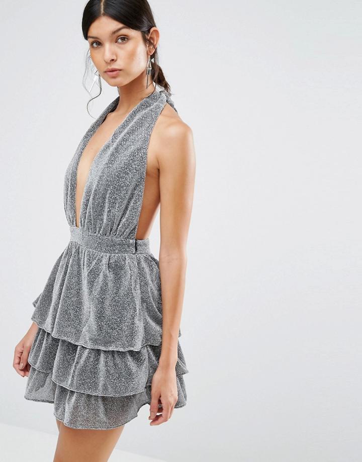Love & Other Things Halterneck Dress With Tiered Skirt - Gray