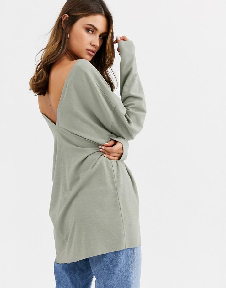 Asos Design Oversized V Neck Batwing Sleeve Top In Sage