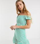 Asos Design Tall Exclusive Off Shoulder Mini Sunsundress In Green And White Stripe-multi