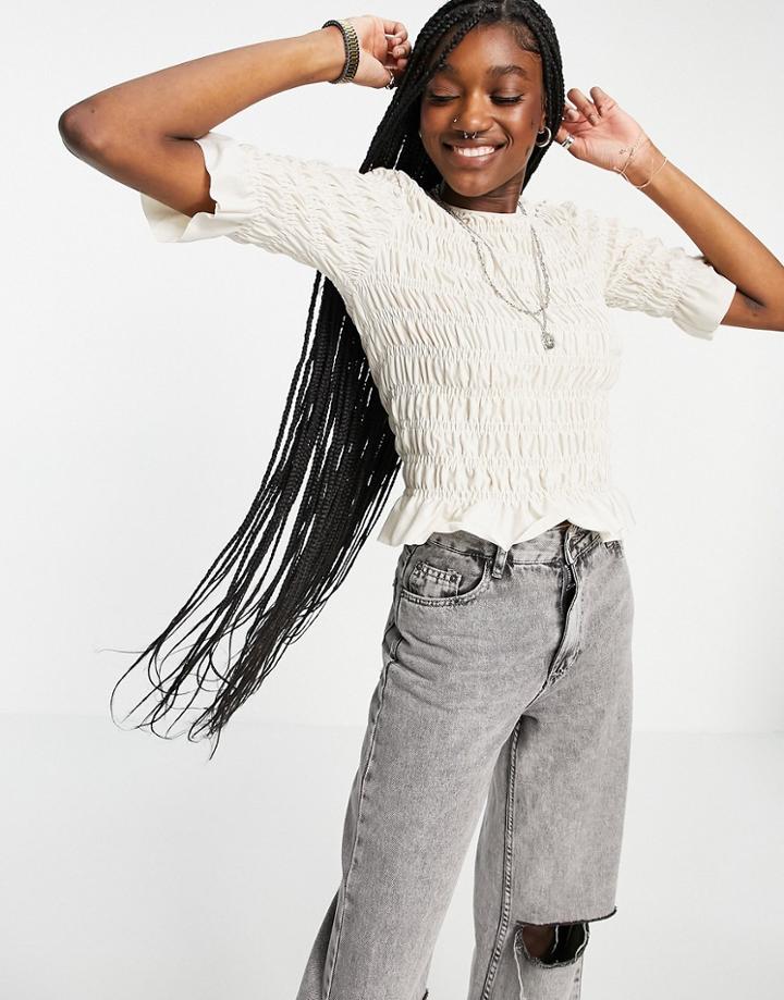 Only Shirred Top With Short Sleeves In Cream-neutral