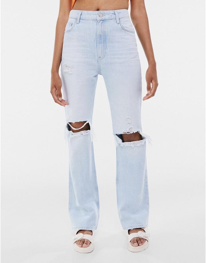 Bershka Flare Jean With Knee Rip In Light Blue
