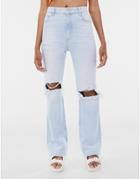Bershka Flare Jean With Knee Rip In Light Blue
