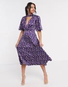 Asos Design Satin Midi Dress With Flutter Sleeve In Floral Print-multi