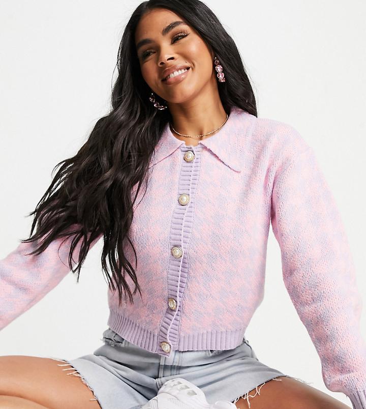 Missguided Cardigan With Collar In Pink Houndstooth - Part Of A Set