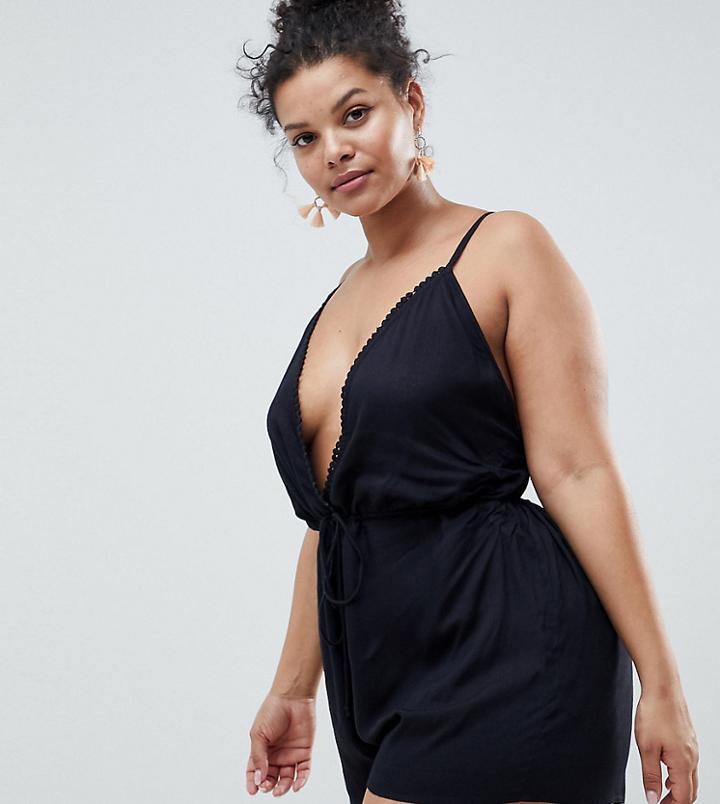 Asos Design Curve Trim Detail Beach Romper - Black