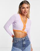 Love & Other Things Cropped Contrast Cardigan In Purple & Orange
