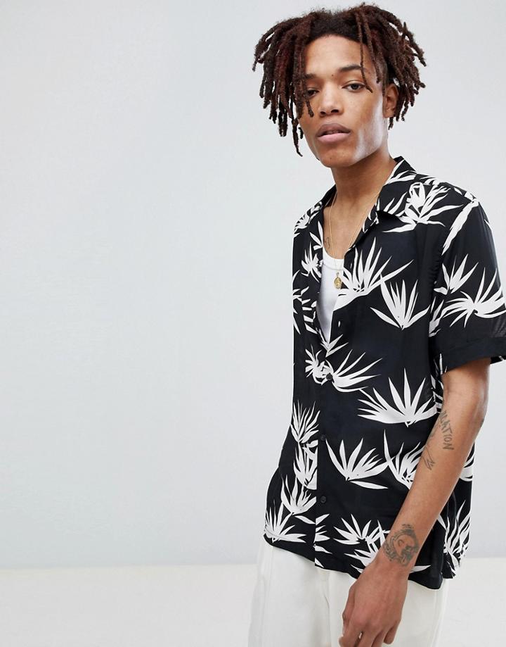 Allsaints Long Sleeve Revere Shirt In Black With Leaf Print - Black