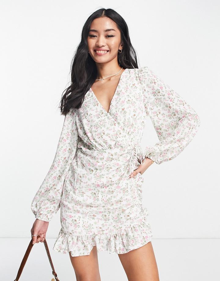 Love Triangle Long Sleeve Mini Dress With Tie Side In Pink Ditsy Floral