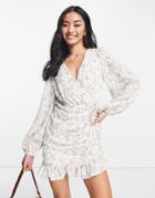 Love Triangle Long Sleeve Mini Dress With Tie Side In Pink Ditsy Floral
