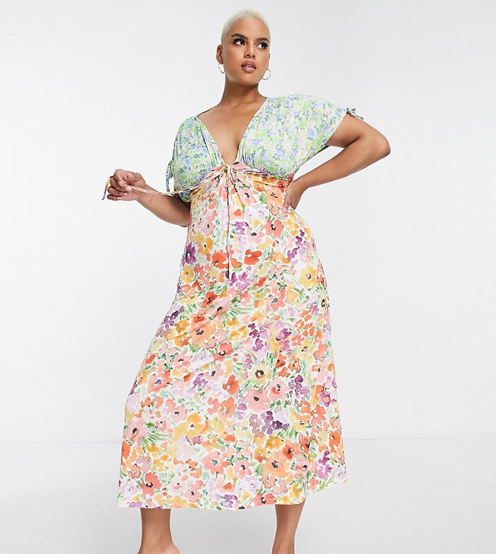 Asos Design Curve Short Sleeve Tie Detail Midi Tea Dress In Mix Match Floral-multi