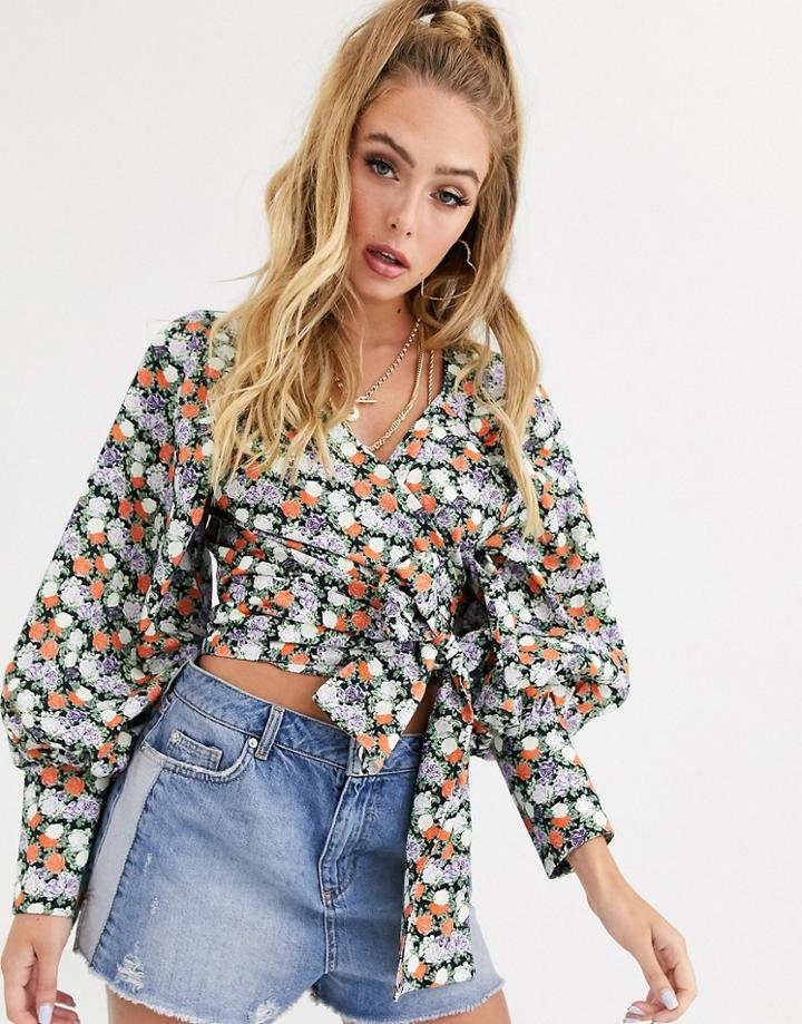 Asos Design Long Sleeve Wrap Top With Deep Cuff Detail In Floral - Multi
