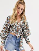 Asos Design Long Sleeve Wrap Top With Deep Cuff Detail In Floral - Multi