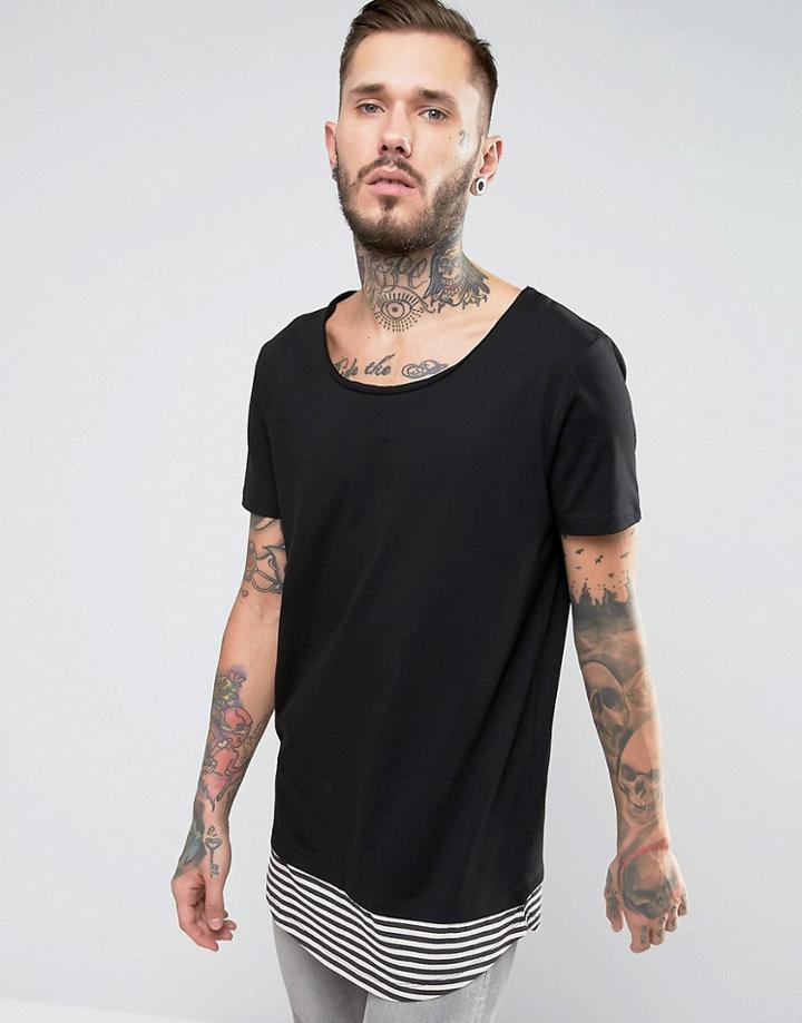 Asos Super Longline T-shirt With Curved Striped Hem Extender In Black