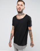 Asos Super Longline T-shirt With Curved Striped Hem Extender In Black