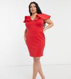 True Violet Plus Plunge Front Midi Dress With Extreme Ruffle Detail In Red