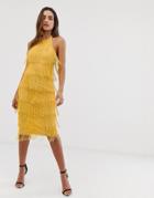 Asos Design Embellished Fringe Halter Neck Midi Dress-yellow