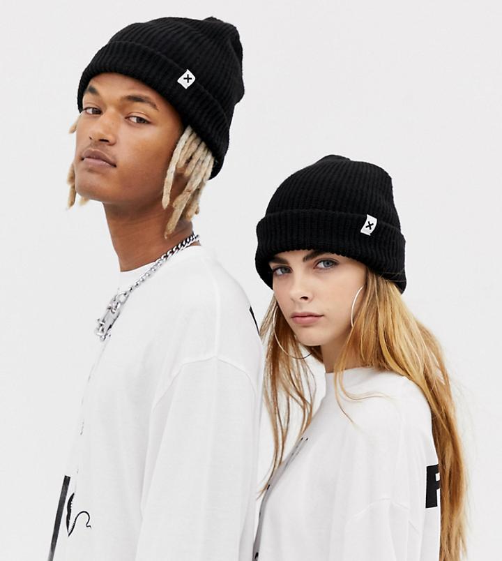 Collusion Unisex Fisherman Rib Beanie Black - Black