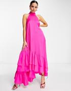 Topshop Ruffle Halter Midaxi Dress In Fuchsia-pink