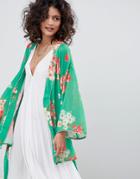 Asos Design Kimono In Green Floral Print - Multi