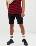 Bershka Skinny Fit Denim Shorts With Abrasions In Washed Black
