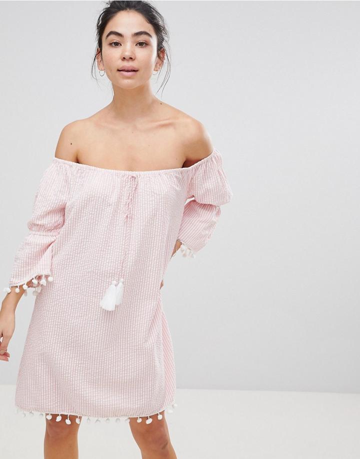 America & Beyong Seer Sucker Off Shoulder Beach Dress - Red