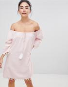 America & Beyong Seer Sucker Off Shoulder Beach Dress - Red