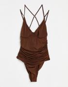 Asos Design Mesh Gathered Swimsuit In Brown