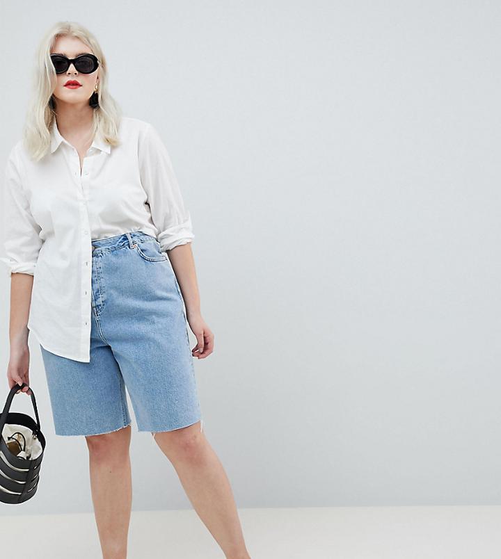 Asos Design Curve Denim High Rise Longline Short In Midwash Blue - Blue