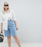 Asos Design Curve Denim High Rise Longline Short In Midwash Blue - Blue